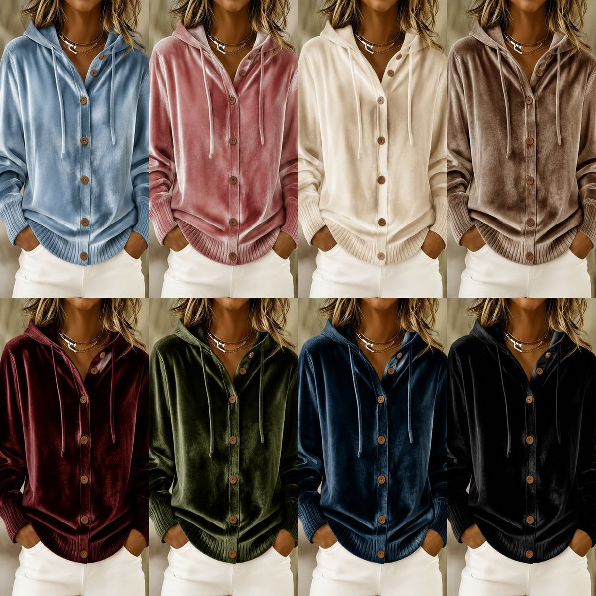 Buttoned Velvet Hooded Cardigan Solid-Color Coat For Women – Premium 0 | RICALOUX
