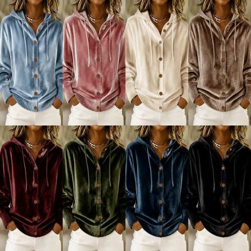 Buttoned Velvet Hooded Cardigan Solid-Color Coat For Women – Premium 0 | RICALOUX
