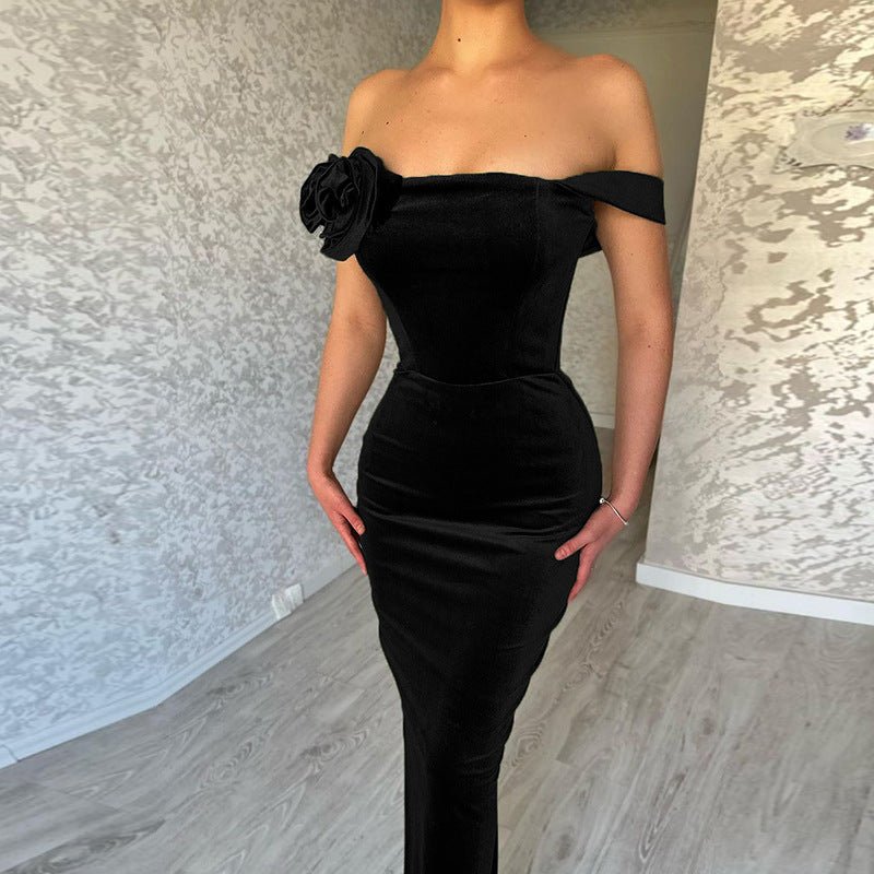 Slim-fit Velvet Flower Off-shoulder Dress Women - RICALOUX