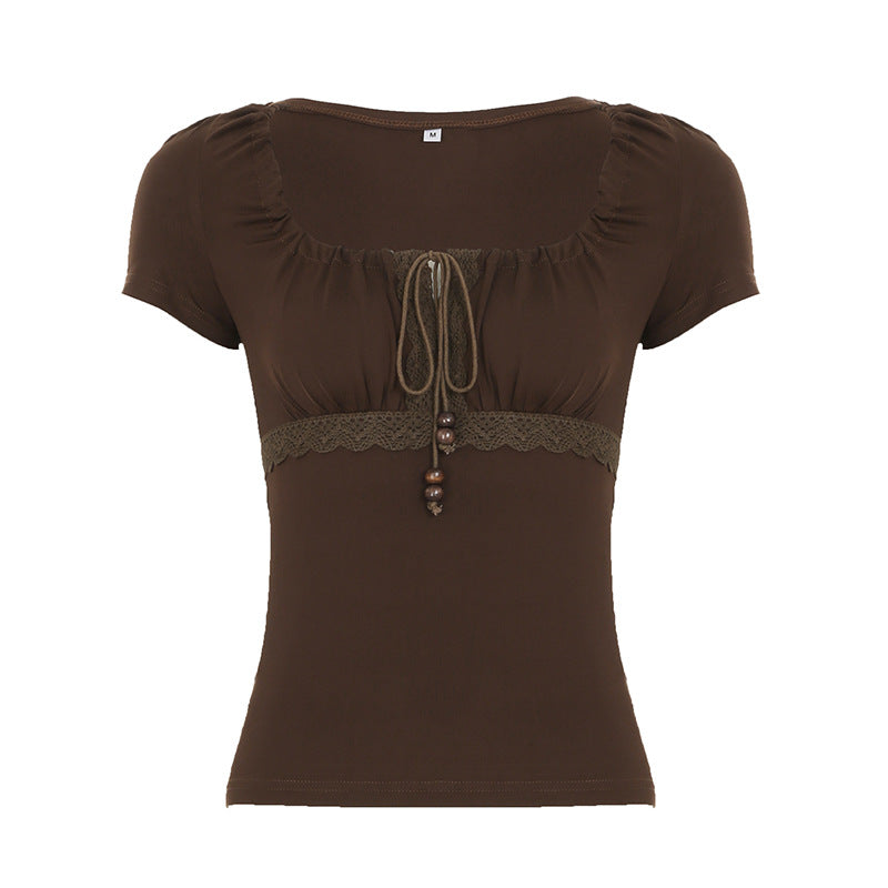 Retro Girly Beaded Drawstring Lace-panel Short Top – Premium 0 | RICALOUX
