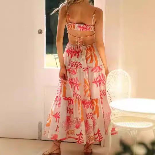 Women's V-neck Sleeveless Printed Stitching Dress - RICALOUX