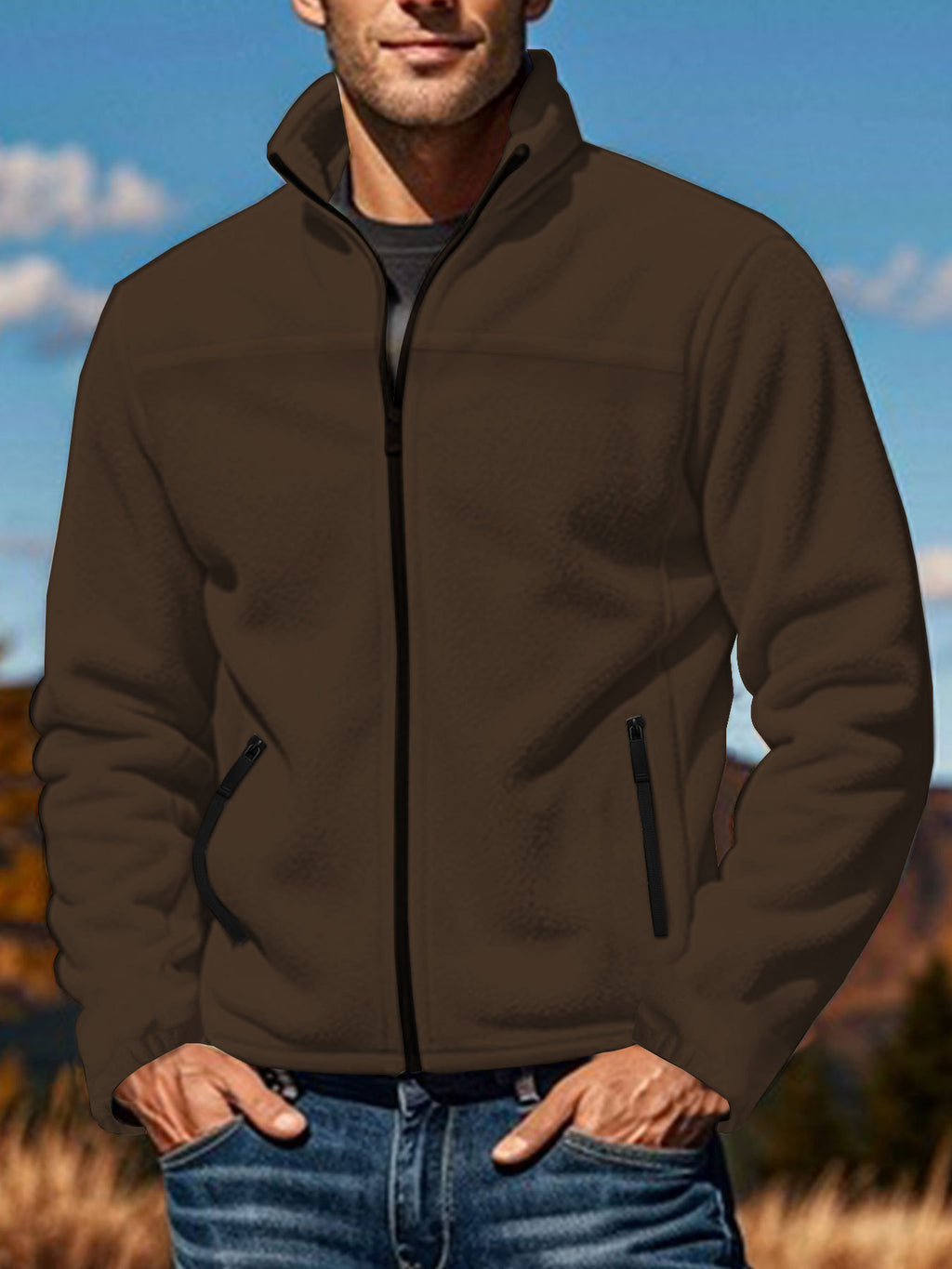 Men's Polar Fleece Jacket Outdoor Zipped Stand Collar Coat - RICALOUX