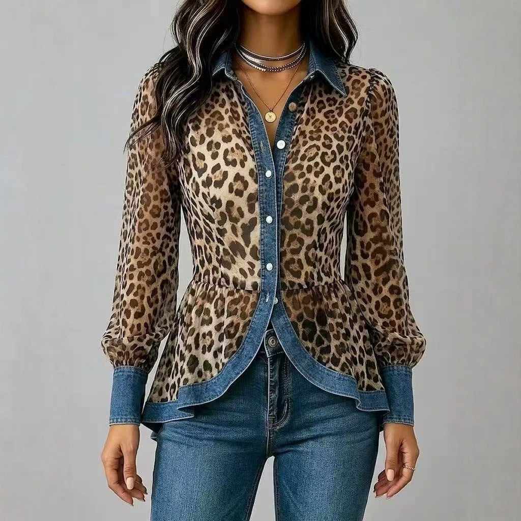 New Womens Leopard-Print Patchwork Denim Long-Sleeve Shirt by Ricaloux