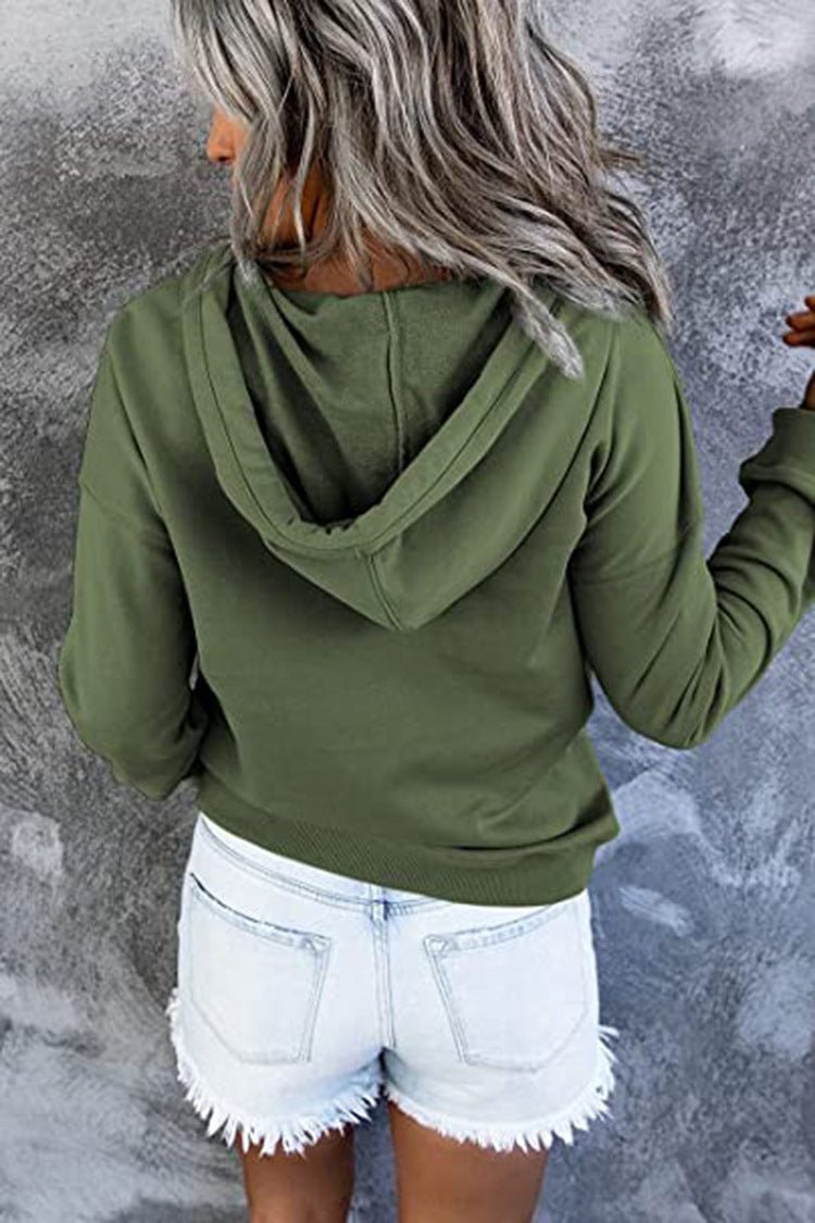 Long-sleeved Hooded Sweatshirt With Pockets Fashion Casual Button Drawstring Design Hoodie Top Spring And Autumn Sports Clothing For Women - RICALOUX