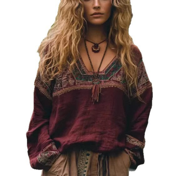 Ethnic-style Casual V-neck Long-sleeve Blouse by Ricaloux