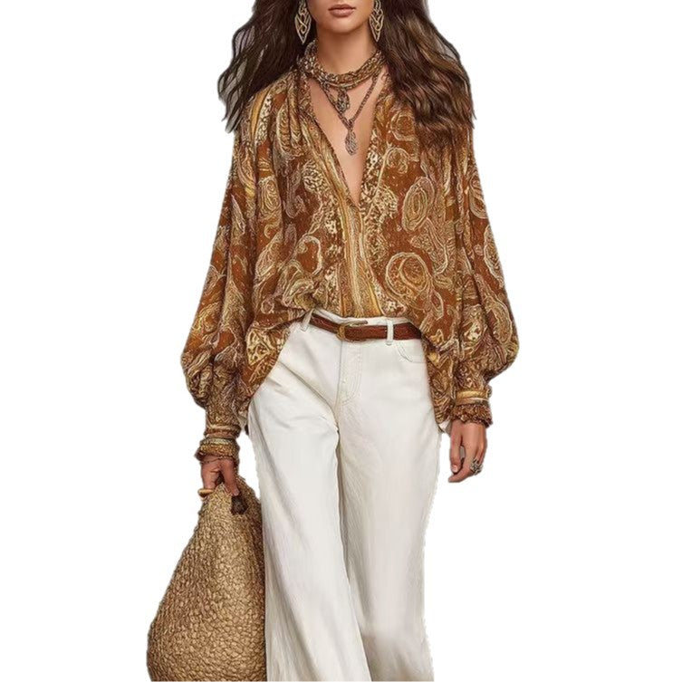New Versatile Retro-print Long-sleeve Loose-fit Blouse, Womens Shirt by Ricaloux