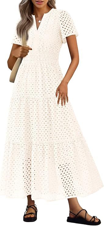 Womens Short-Sleeve V-Neck Hollow-Out Dress by Ricaloux