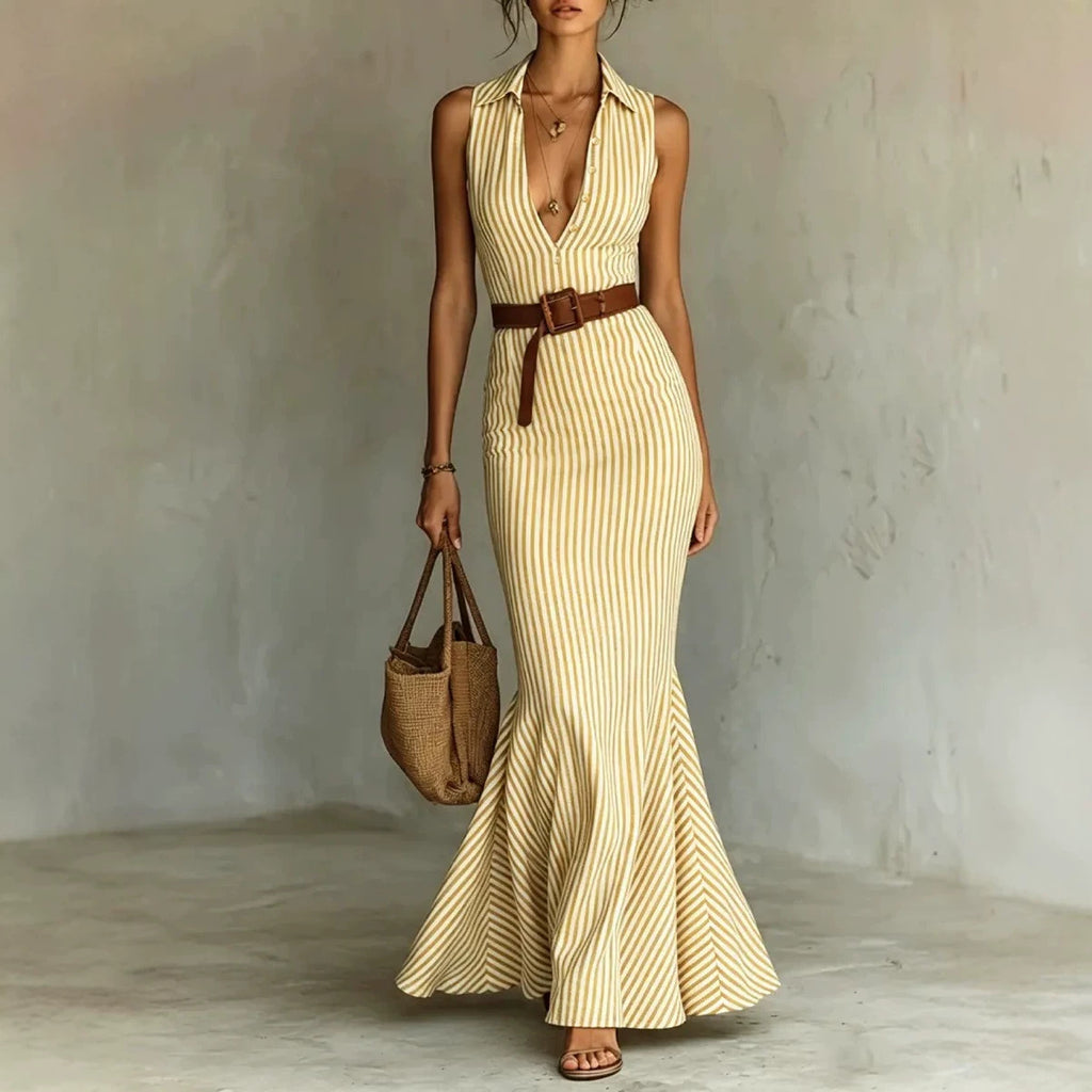 Elegant V-neck Dress With A Belt For Women by Ricaloux
