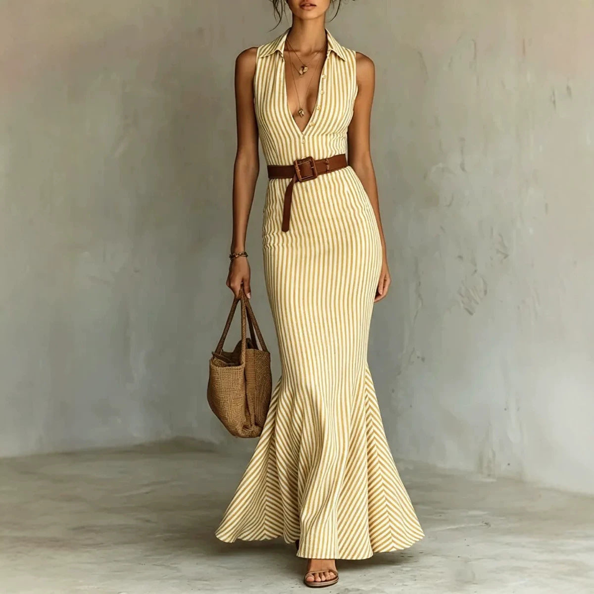 Elegant V-neck Dress With A Belt For Women by Ricaloux