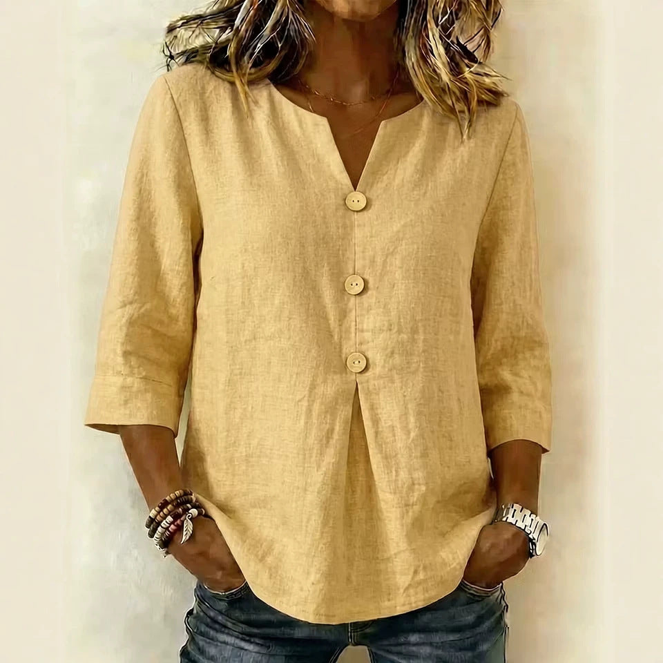 Solid-color V-neck Three-quarter-sleeve Casual Loose-fit Cotton-linen Top by Ricaloux