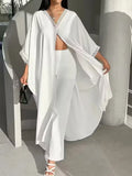 Womens Loose-Fit Batwing-Sleeve Lace V-Neck Coat And Pants Set by Ricaloux