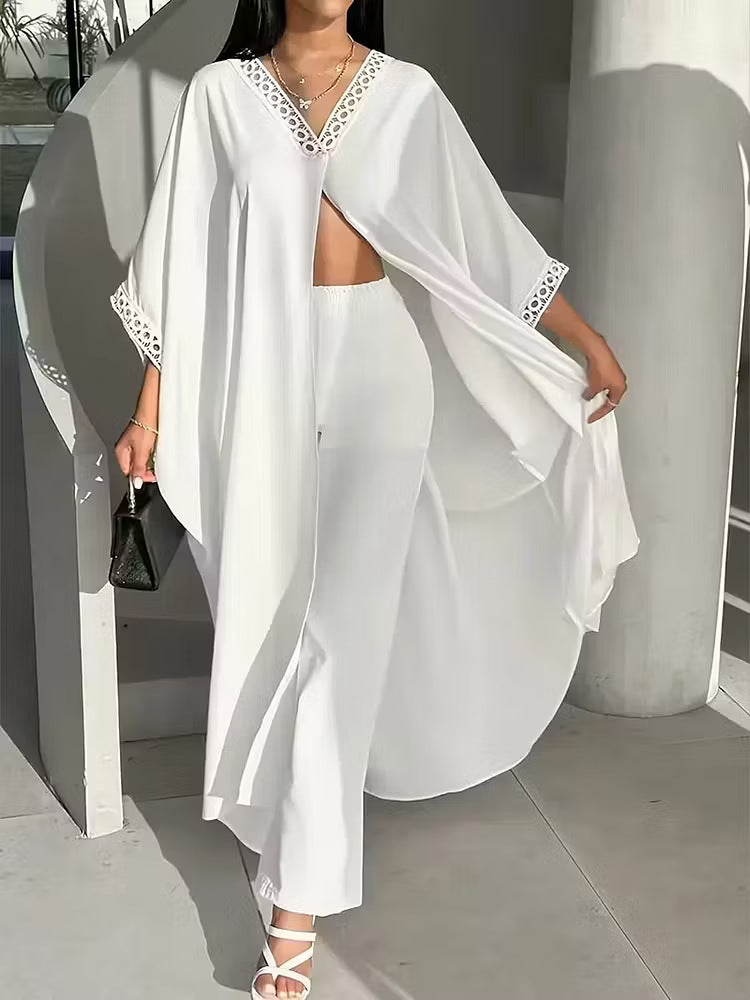 Womens Loose-Fit Batwing-Sleeve Lace V-Neck Coat And Pants Set by Ricaloux
