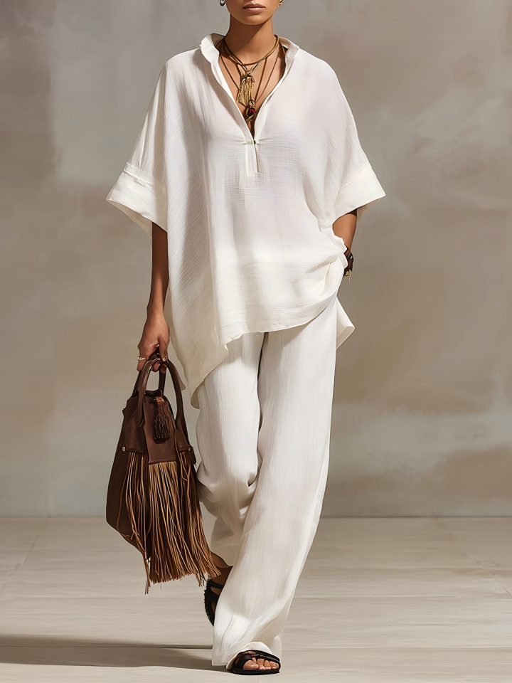 Womens Casual Loose-fitting Solid-color Shirt And Wide-leg Pants Set – Premium 0 | RICALOUX