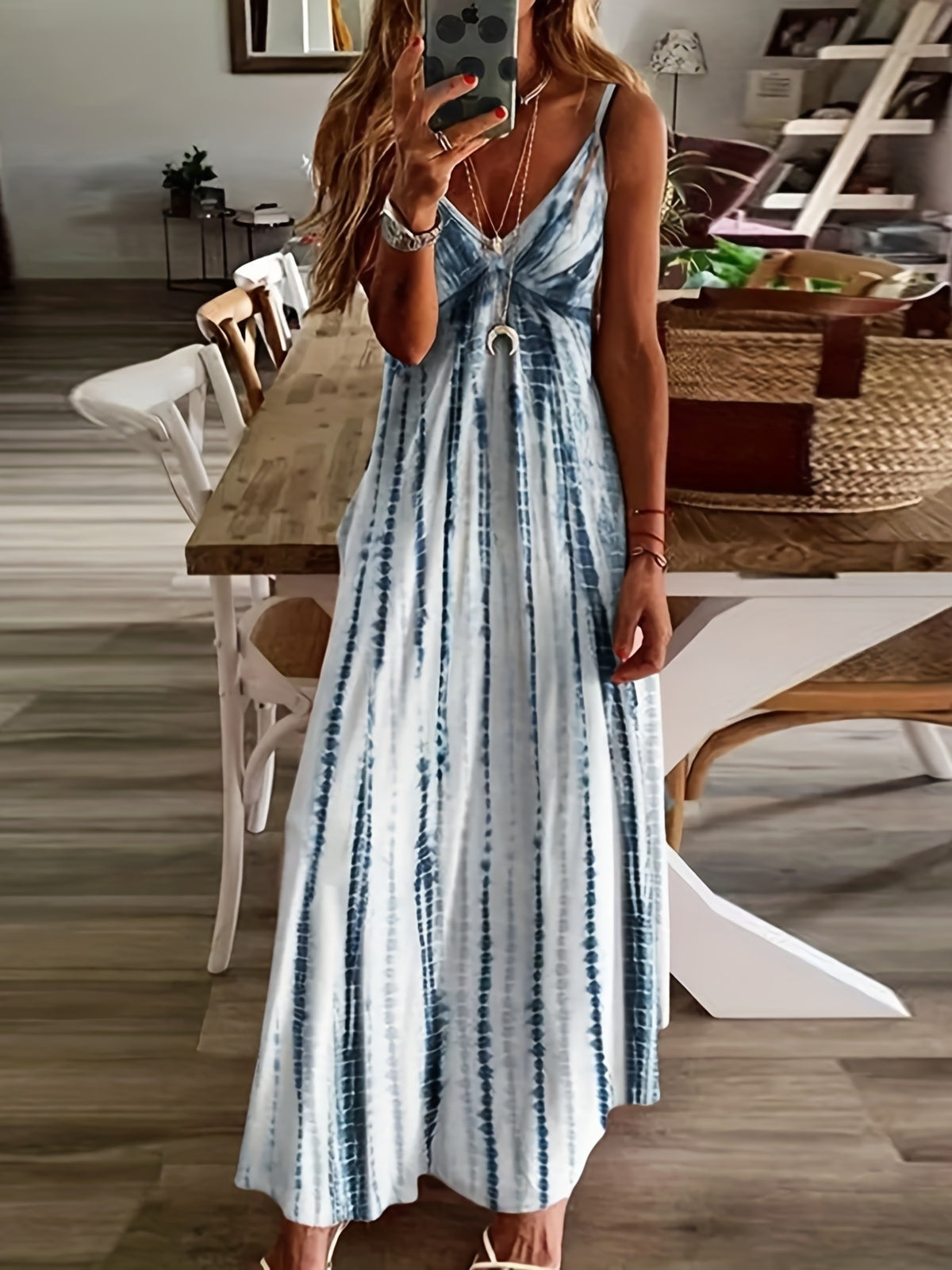 Womens Fashionable Strap-printed V-neck Swing Dress – Premium 0 | RICALOUX