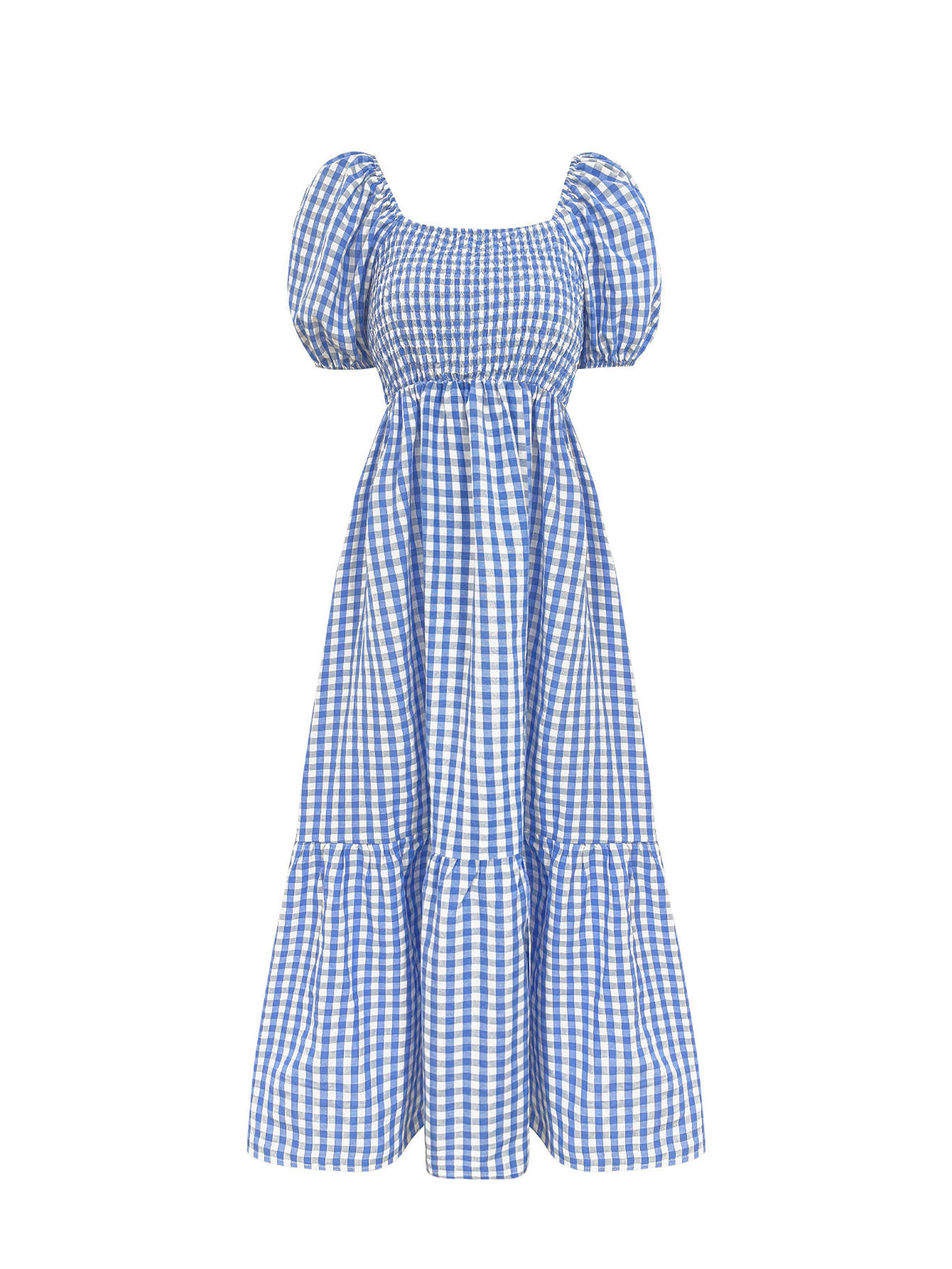 Women's Gingham Puff Sleeve Square Neck Smocked Tiered Maxi Dress - Casual Summer Beach Dress – Premium 4 | RICALOUX
