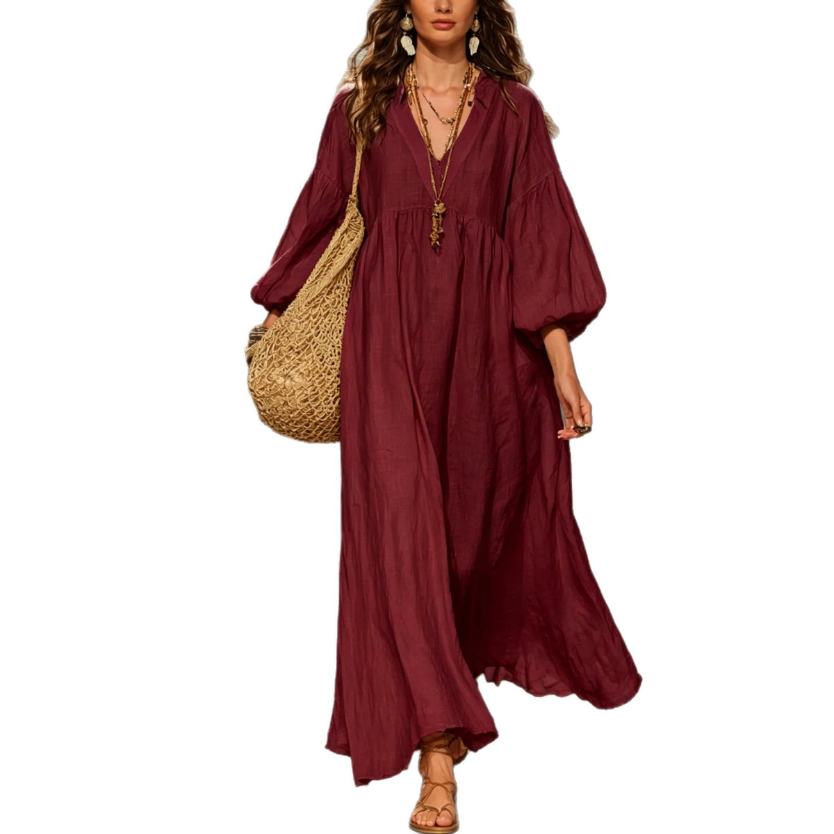 Deep-V Lantern-sleeve Loose-fit Flared Dress – Premium 0 | RICALOUX