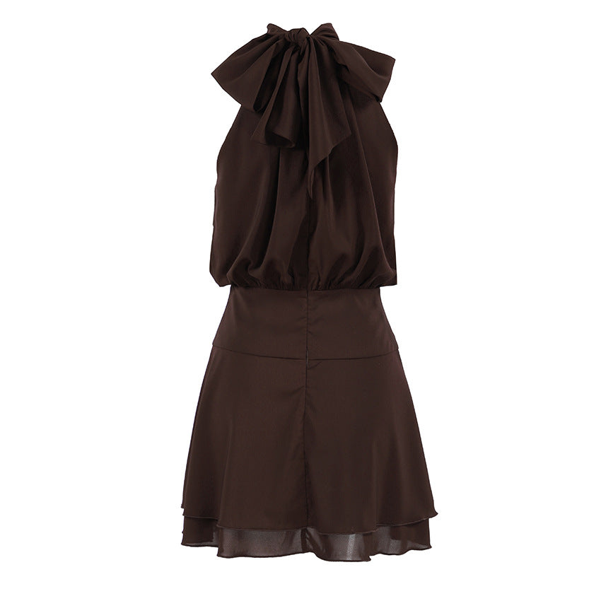 Womens Solid-color Waist-cinching Chiffon Halter Dress – Premium 0 | RICALOUX