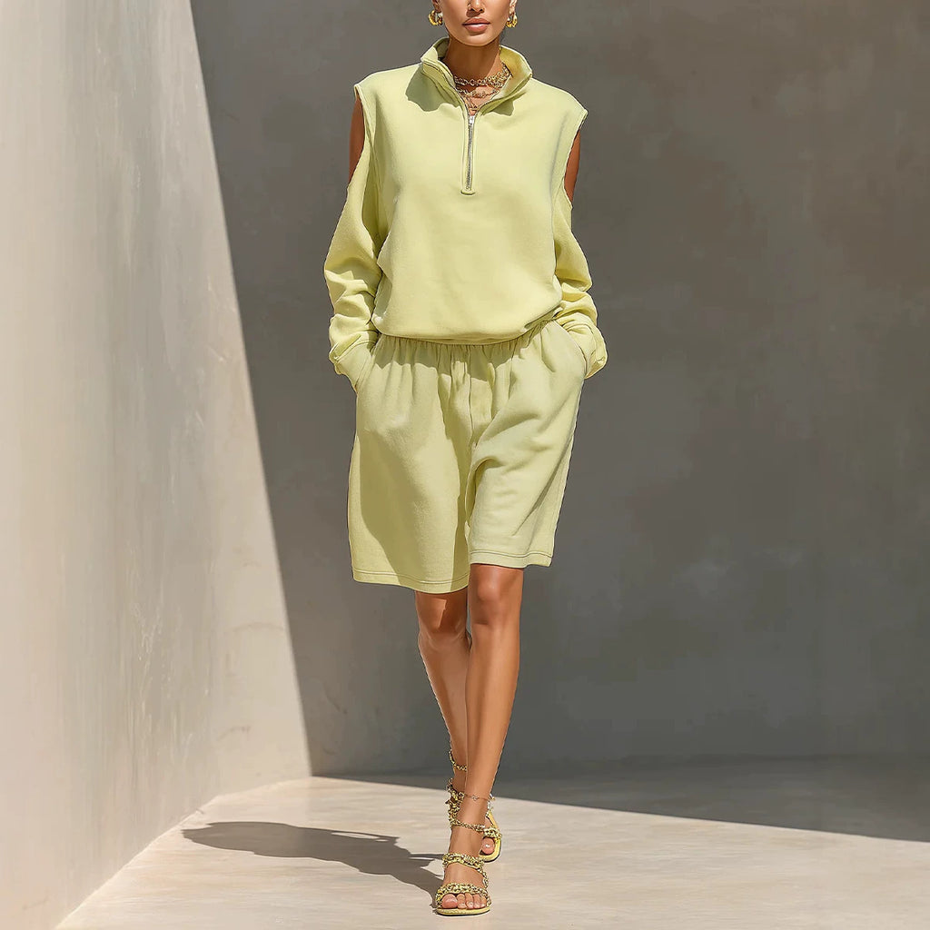 Half-zip Off-shoulder Sweatshirt And Relaxed-fit Shorts Set by Ricaloux