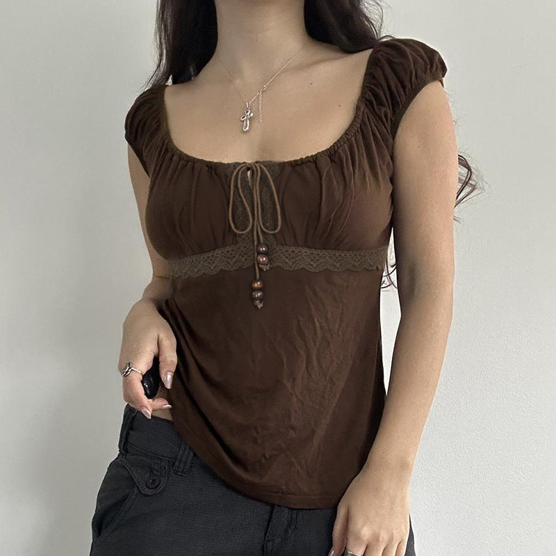 Retro Girly Beaded Drawstring Lace-panel Short Top – Premium 0 | RICALOUX