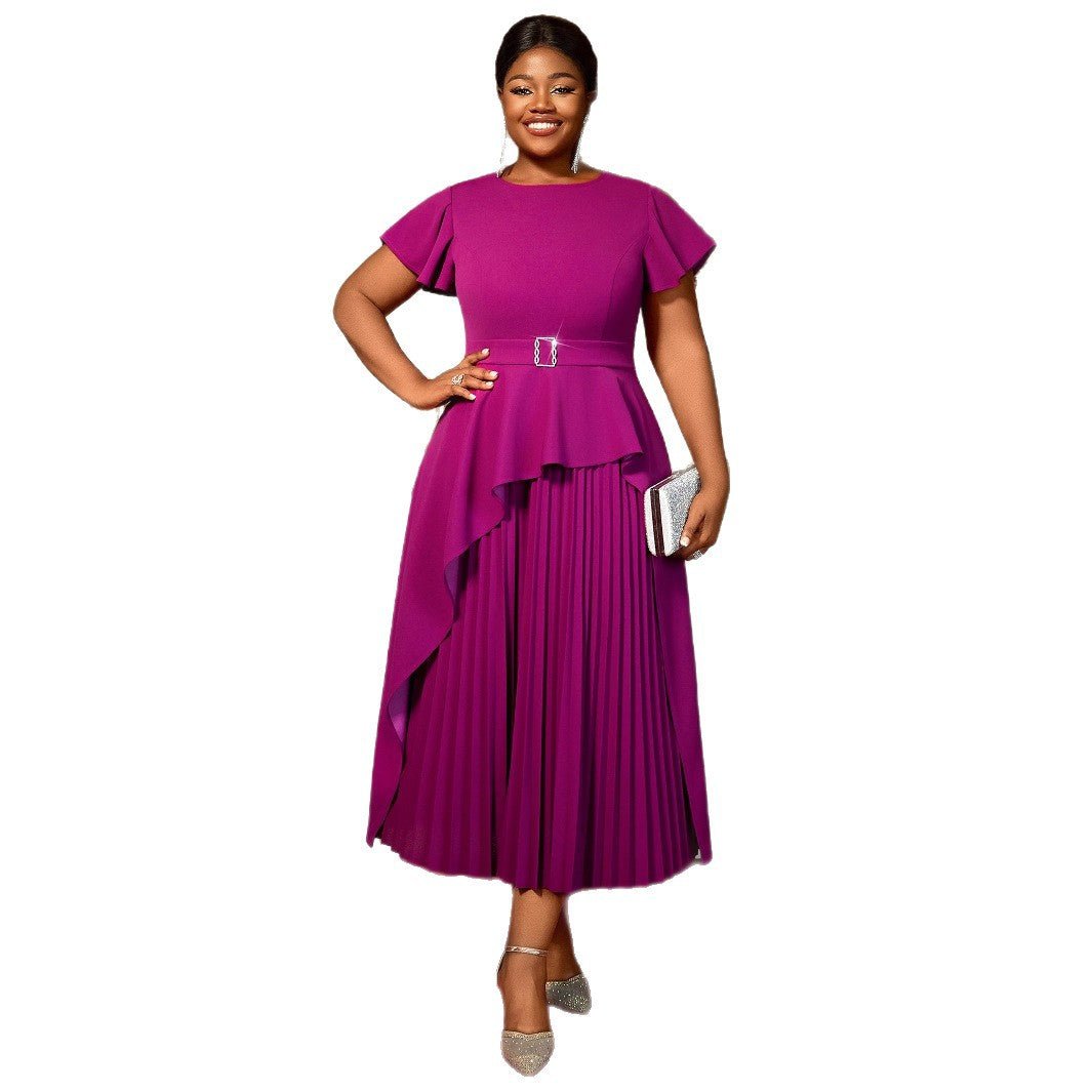 Women's Round Neck Short Sleeve Ruffled Long Pleated Dress - RICALOUX