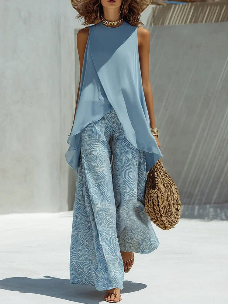 Womens Crew-neck Pullover Sleeveless Top And Long Pants Set by Ricaloux