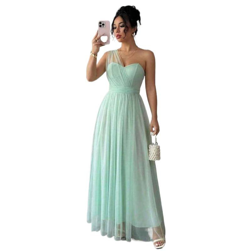 Womens Sleeveless Sheath Dress With Mesh One-Shoulder Design And Lace-Up Waist – Premium 0 | RICALOUX