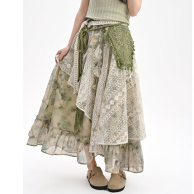 Summer New Irregular Sweet Tie-Dye Print Lace-Patchwork Skirt by Ricaloux
