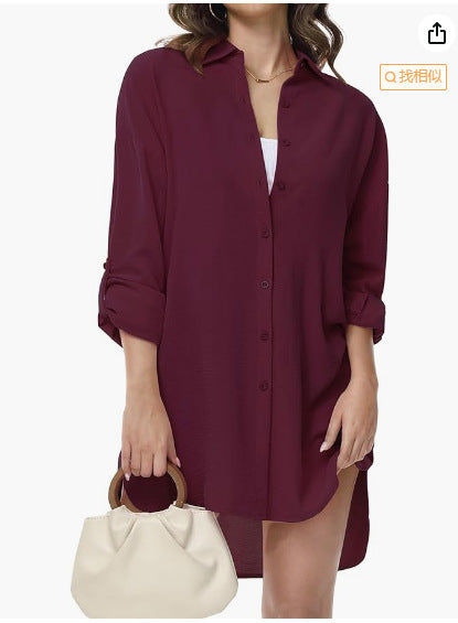 Pocketed Cotton-buttoned Belted Long-sleeved Solid-color High-low Blouse by Ricaloux