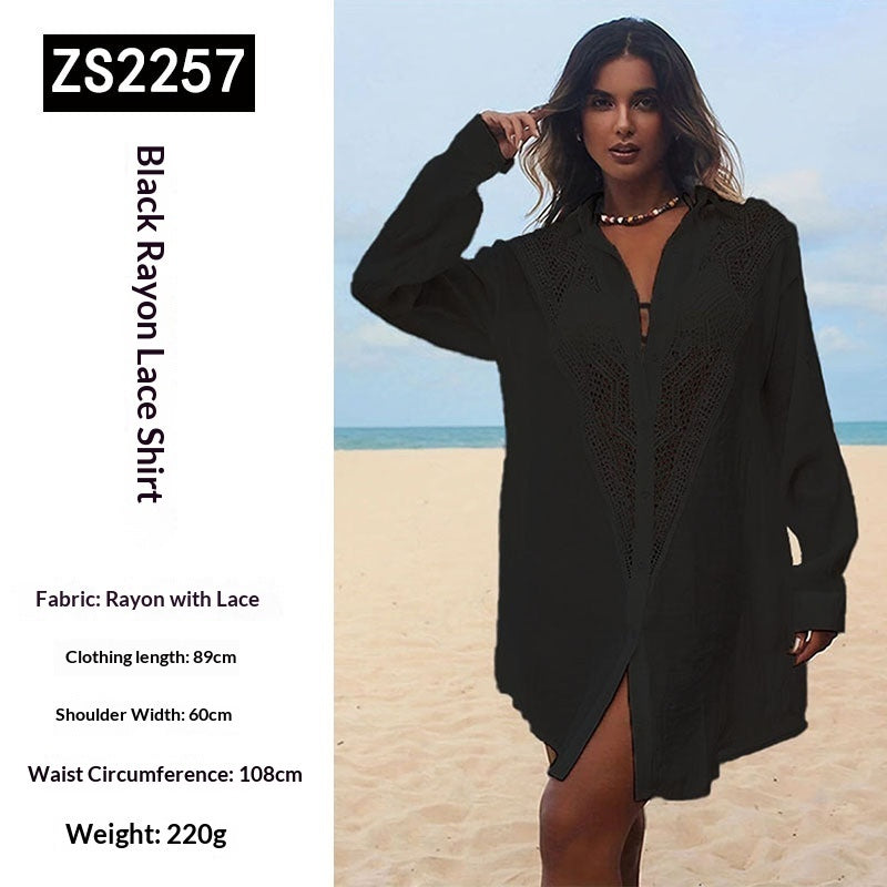 Lace Trimmed Blouse Style Swimsuit Cover Up Womens Sun Protective Beach Cardigan by Ricaloux