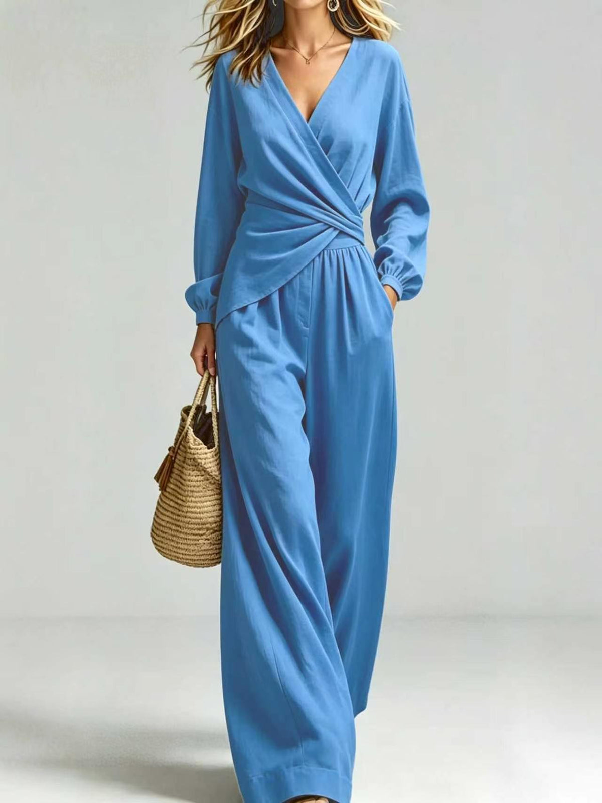 Women's 2-Piece Outfit - V-Neck Long Sleeve Wrap Blouse & Wide Leg Pants Set, Elegant Casual Pocketed Matching Set – Premium 4 | RICALOUX