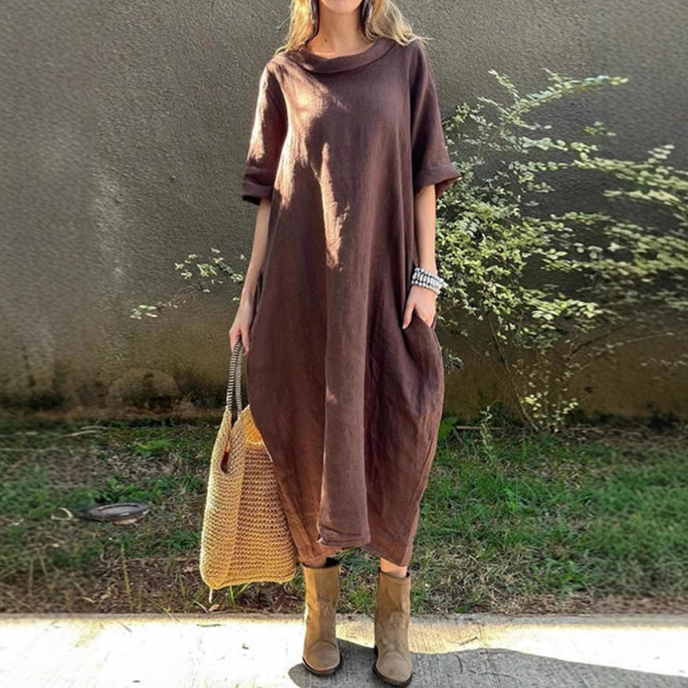 Casual Loose-fitting Round-neck Mid-sleeve Maxi Dress With A Flared Hem – Premium 0 | RICALOUX