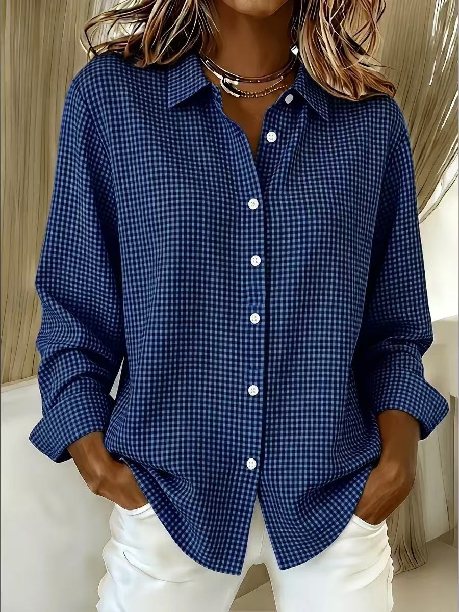 Versatile Lapel-collar Long-sleeve Plaid Shirt by Ricaloux