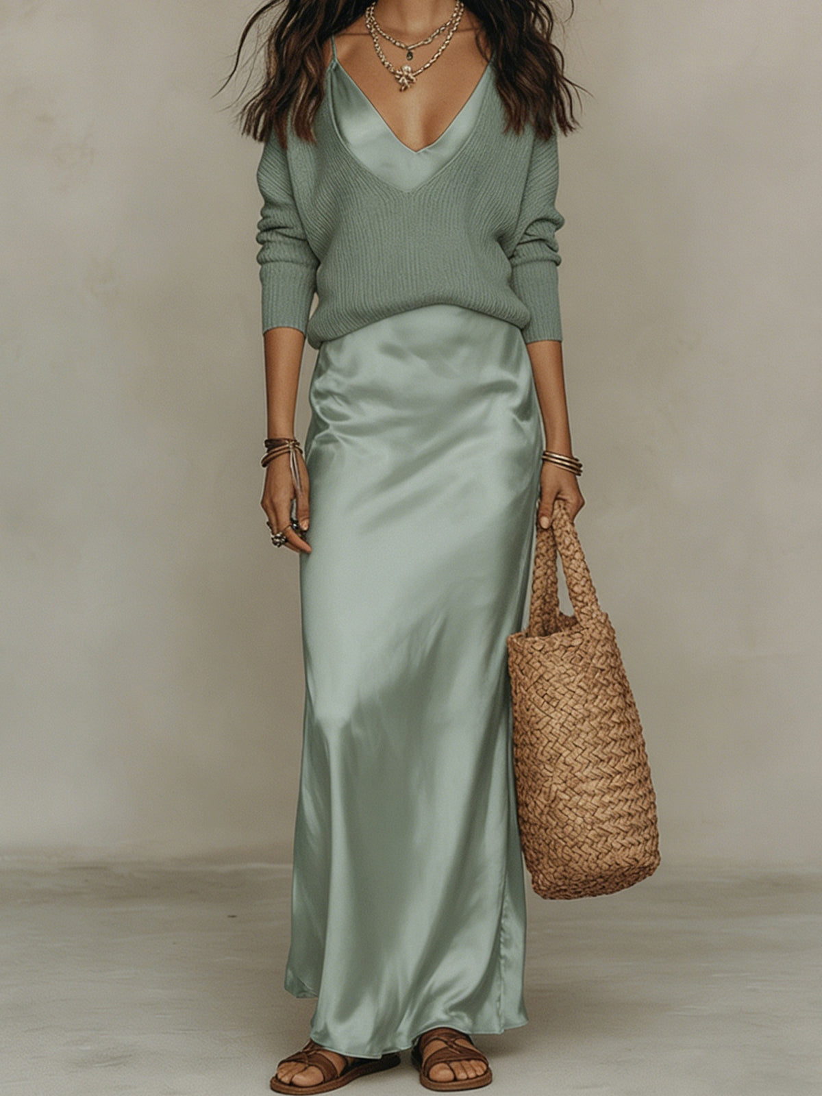Women's Chic Satin Maxi Dress 2 Pieces Sets Sexy Straps Sleeveless Long Sleeve Top Evening Dresses Elegant New Party Street Gown by Ricaloux