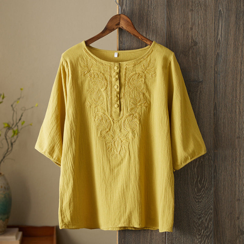 Womens Artistic Solid-Color Embroidered Cotton-Linen Top by Ricaloux