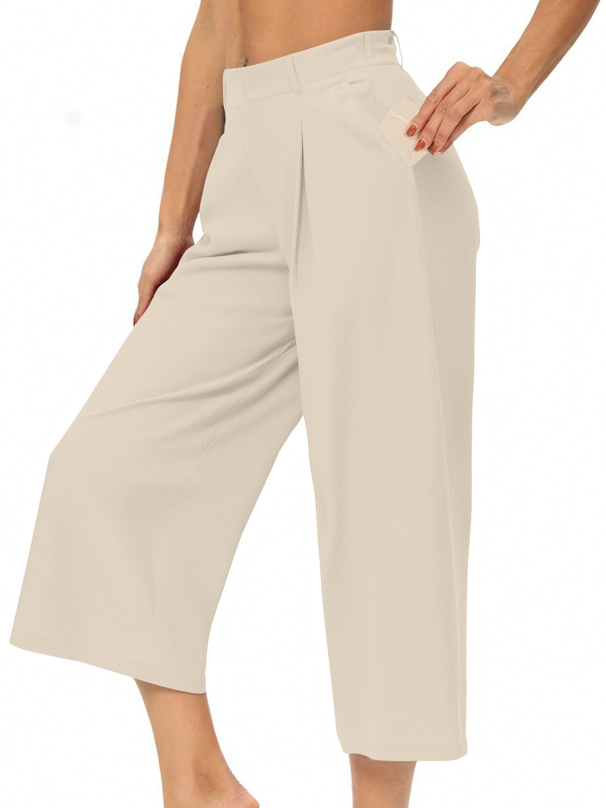 Womens Summer Solid-Color Casual High-Waisted Wide-Leg Cropped Trousers With Side Pockets by Ricaloux