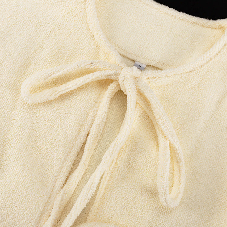 Terry Cloth Tie Front Short Sleeve Jacket & Elastic Waist Casual Shorts 2-Piece Loungewear Set by Ricaloux