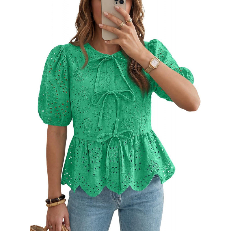 Ruffle-trimmed Puff-sleeved Top With A Tie Belt by Ricaloux