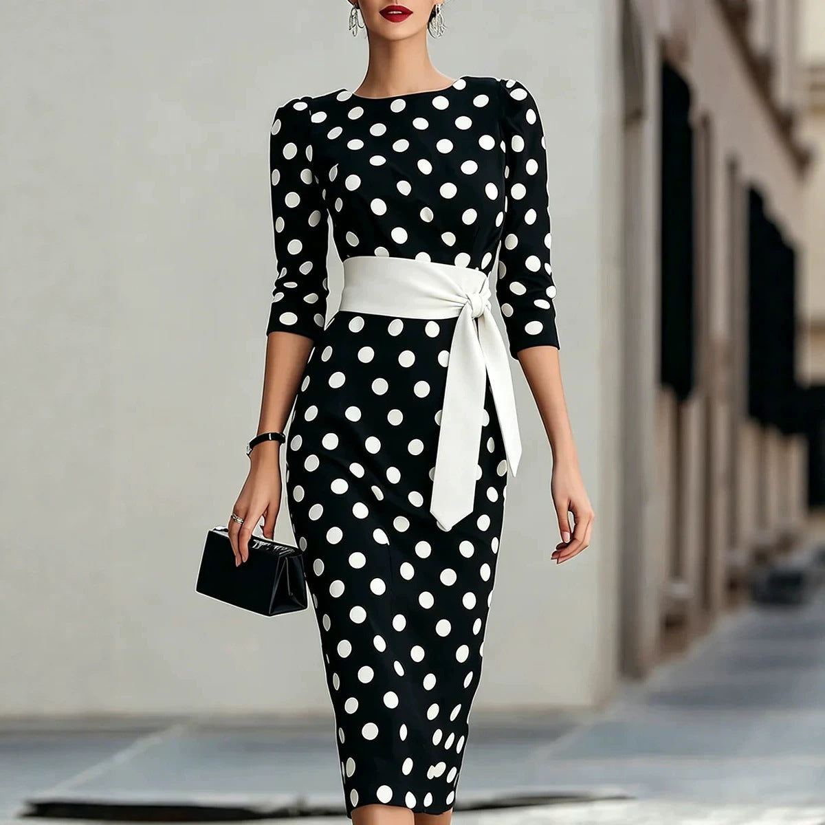 Women Elegant Black White Polka Dot Midi Dress With Waist Belt Three-Quarter Sleeve O Neck Pencil Bodycon Formal Work Office Party Dress by Ricaloux