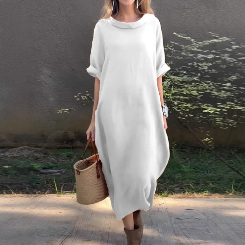 Casual Loose-fitting Round-neck Mid-sleeve Maxi Dress With A Flared Hem – Premium 0 | RICALOUX