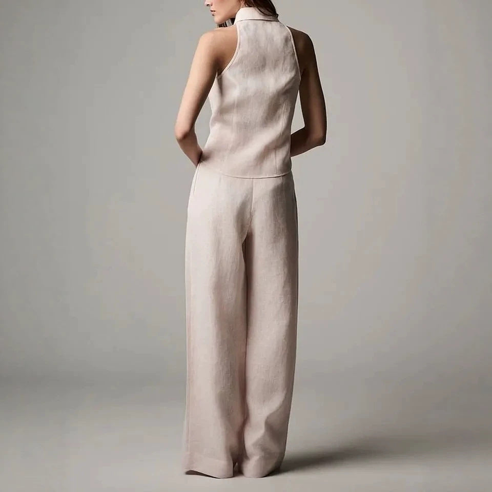 Cotton-linen Sleeveless Lapel Top With A Simple Straight-leg Pants Set by Ricaloux