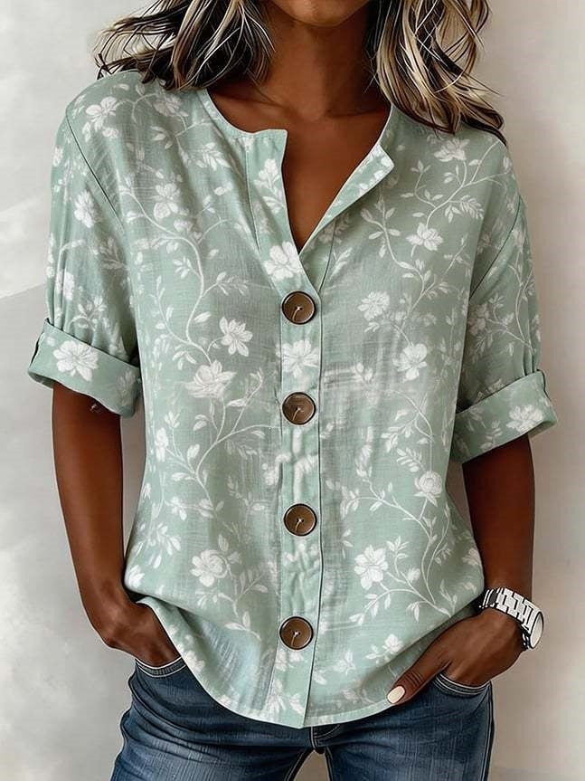 Lantern-sleeve Printed Button-up Womens Blouse by Ricaloux