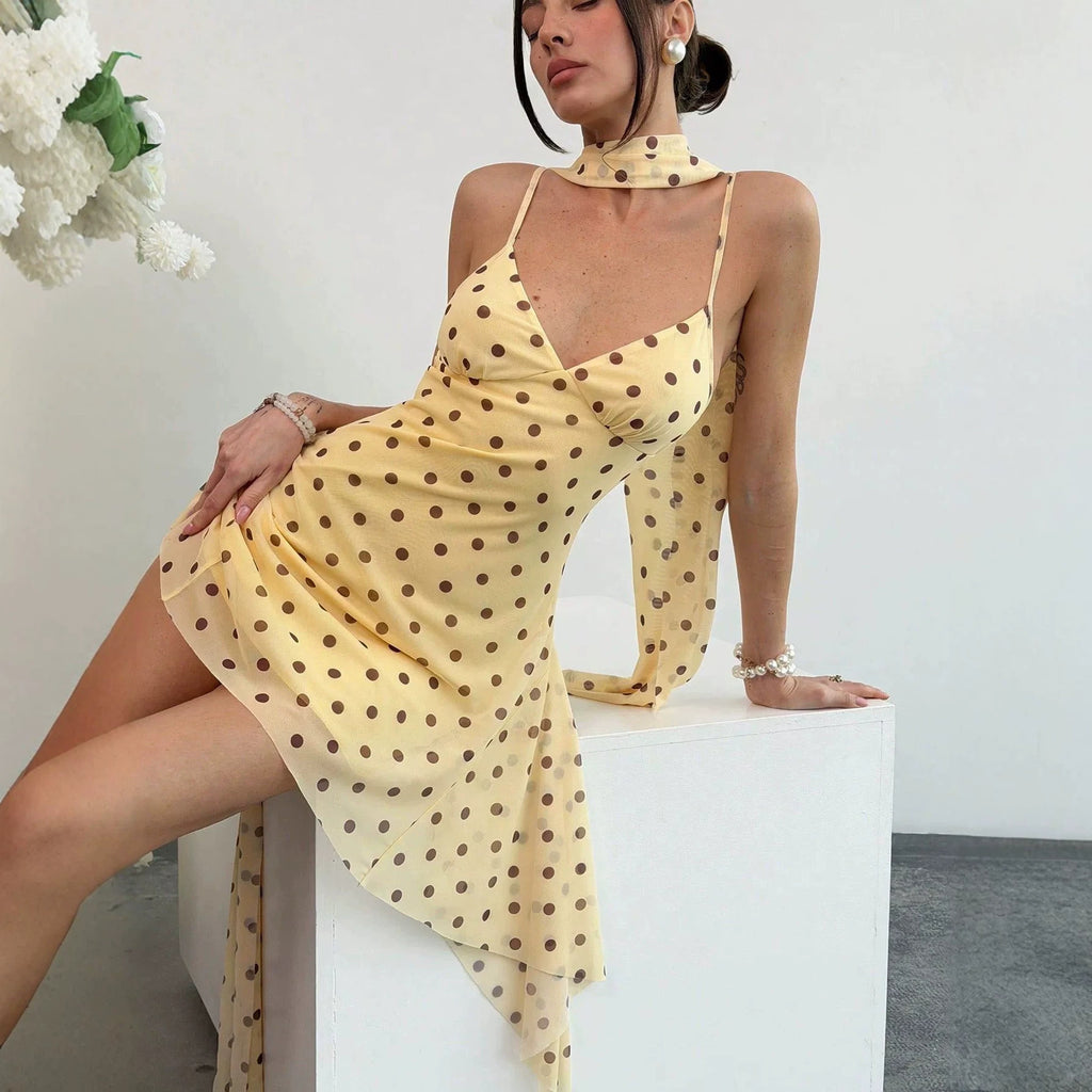 New Strap Halter Dress With Ribbon And Polka-dot Print For Women by Ricaloux