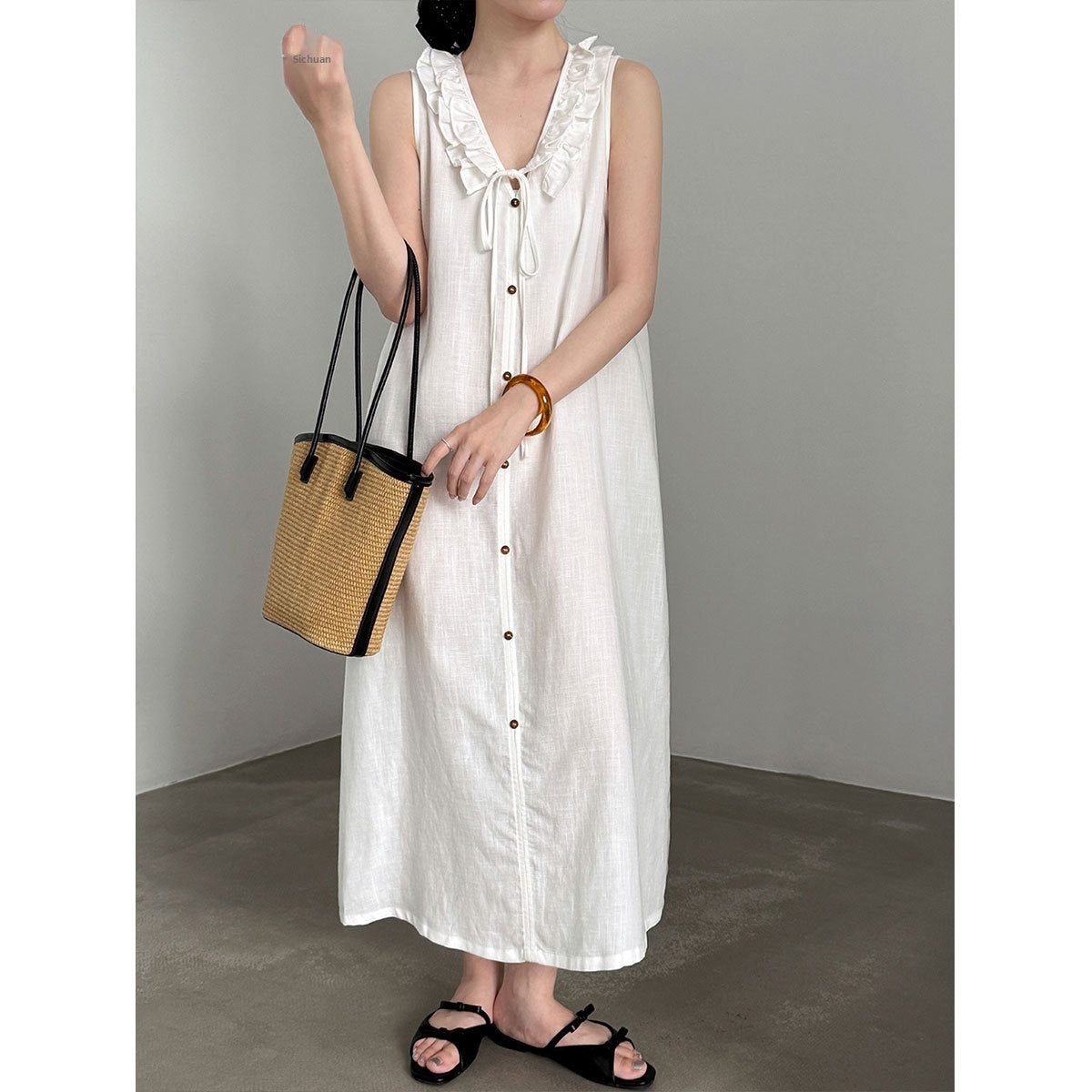 Womens Sleeveless V-Neck Dress With Ruffle Trim by Ricaloux