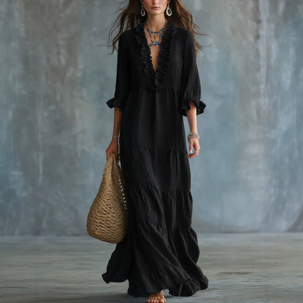 Womens V-neck Layered Casual Flowing Maxi Dress With Ruffled Hem – Premium 0 | RICALOUX