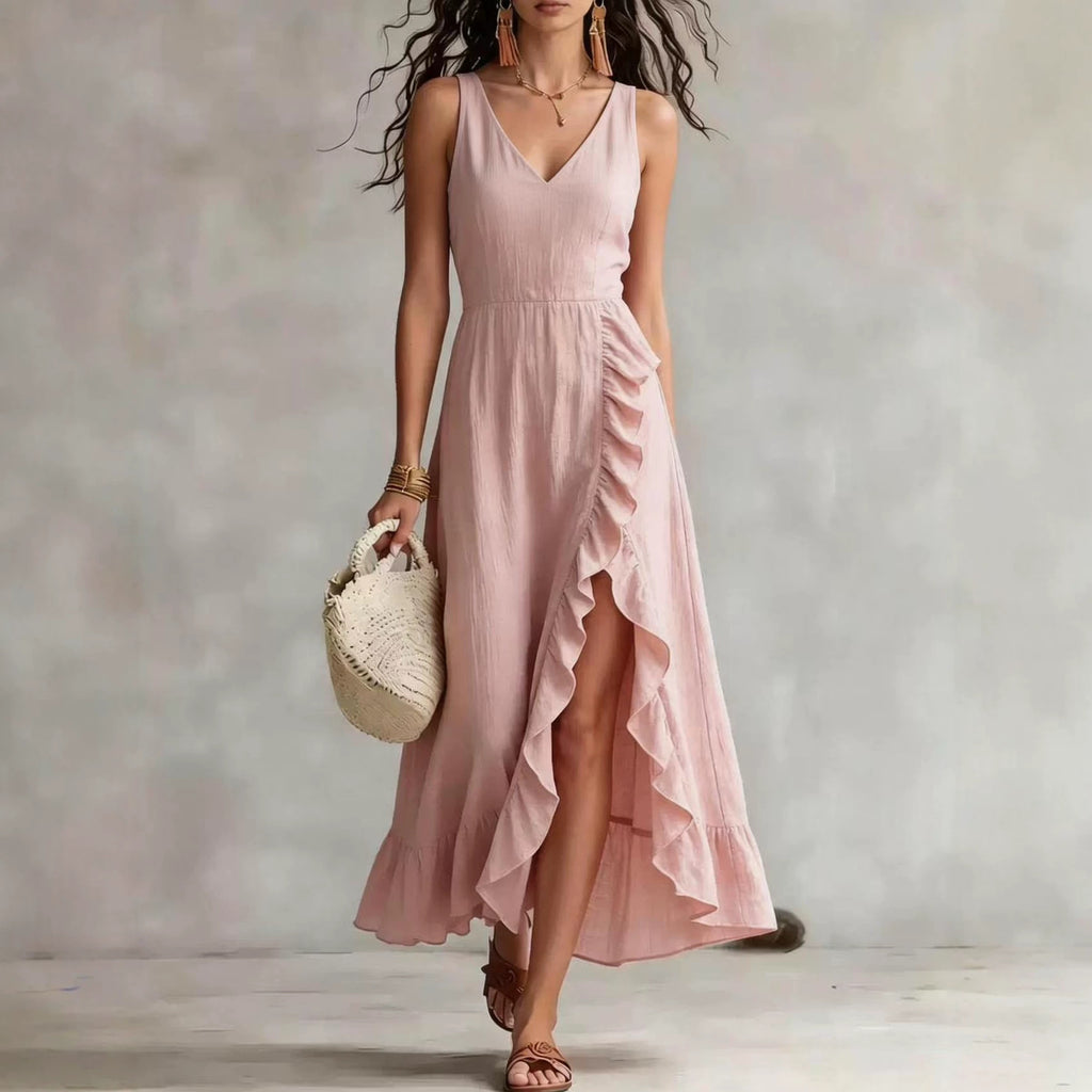 Womens V-neck Sleeveless Flounced Hem Split Dress - RICALOUX