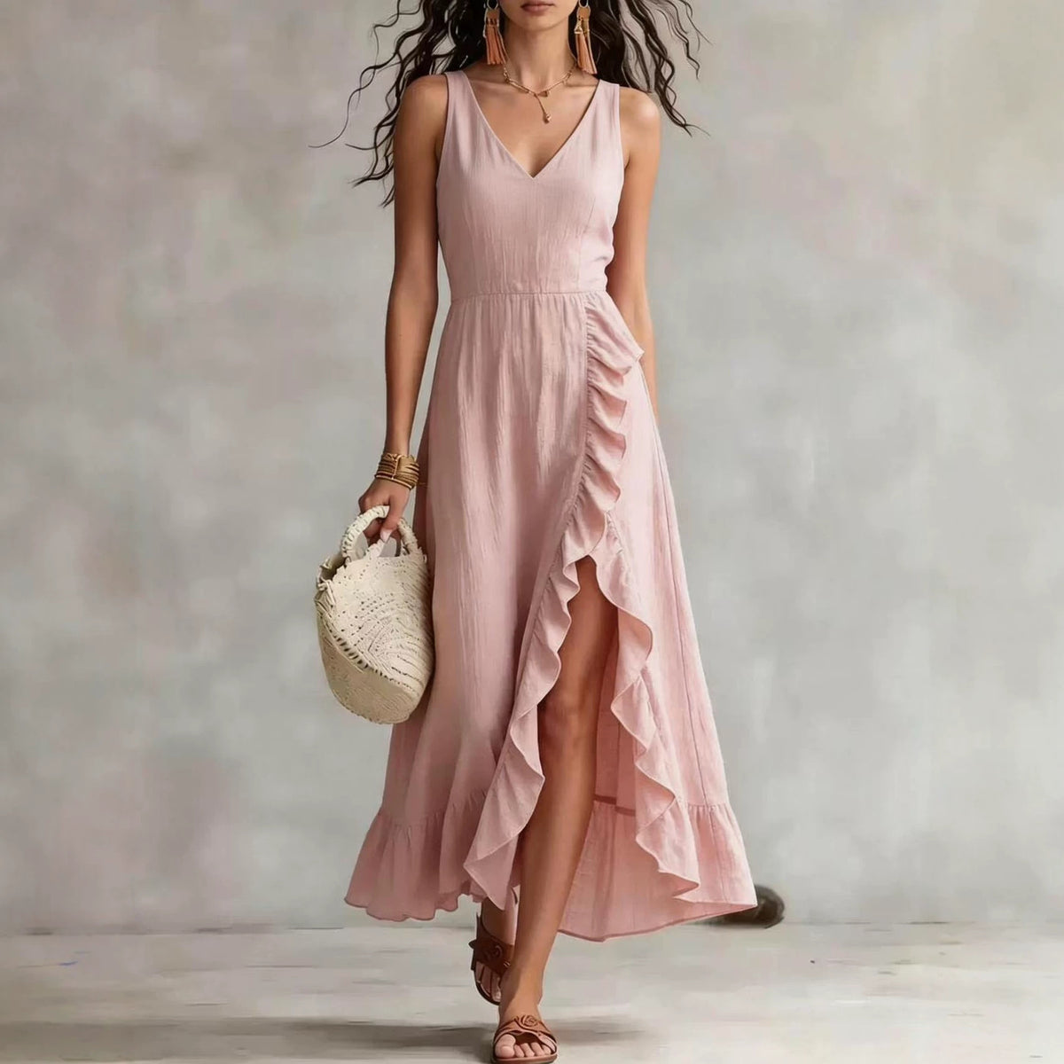 Womens V-neck Sleeveless Flounced Hem Split Dress - RICALOUX