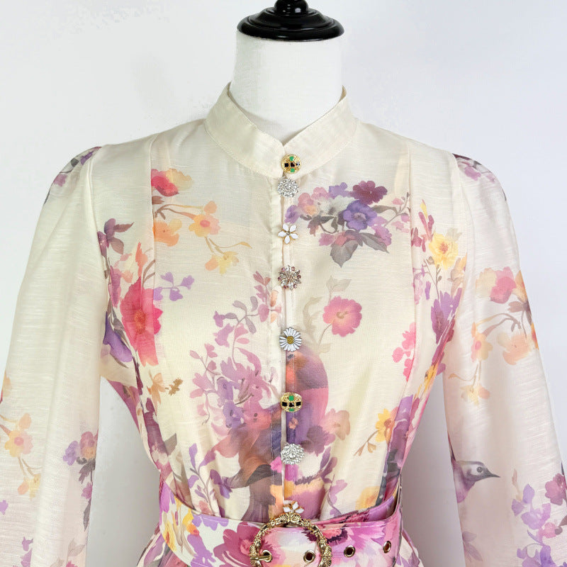 Stand-collar Single-breasted Dress With Puff Sleeves A Fitted Waist by Ricaloux