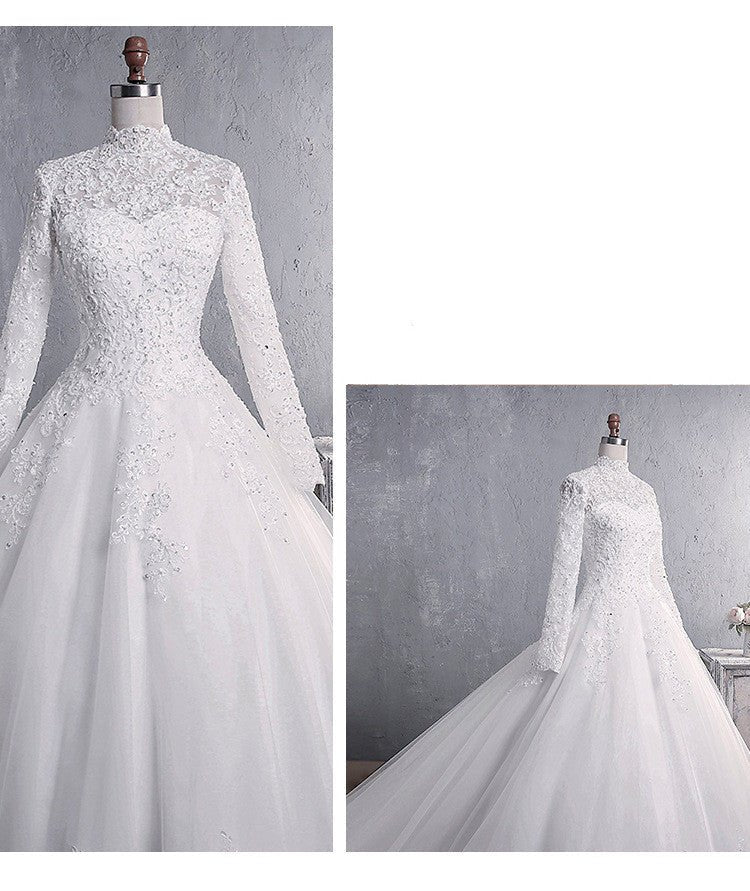 Lace Wedding Dress Bridal Stand-up Collar Long-sleeved Large Tail Large Size - RICALOUX