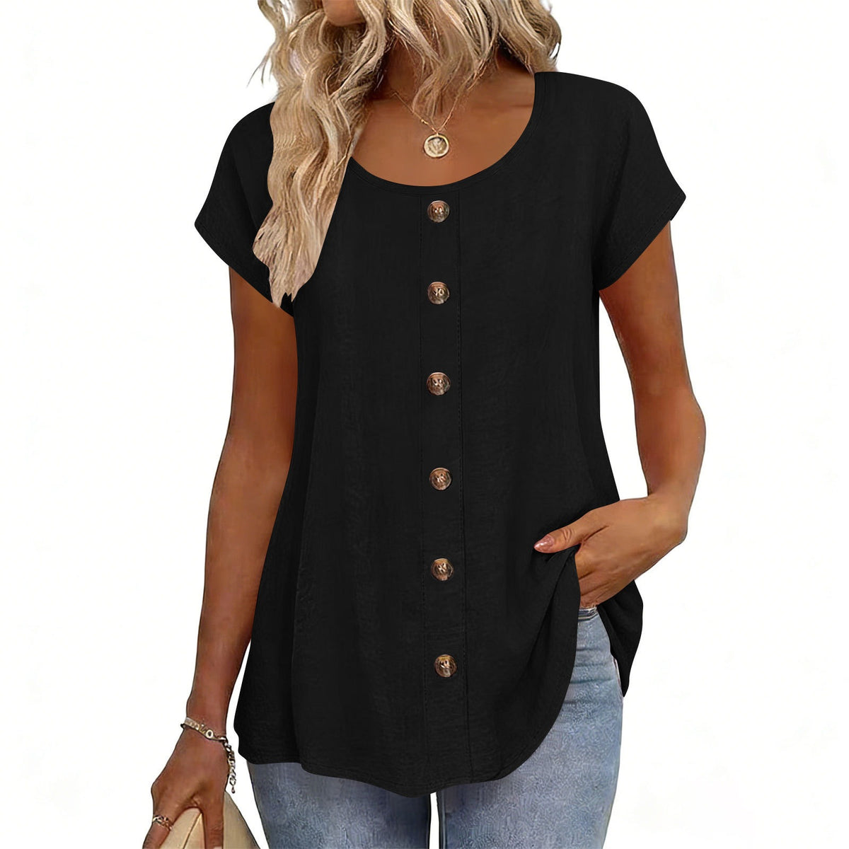 Womens Elegant And Fashionable Solid-color Round-neck Short-sleeve Top by Ricaloux