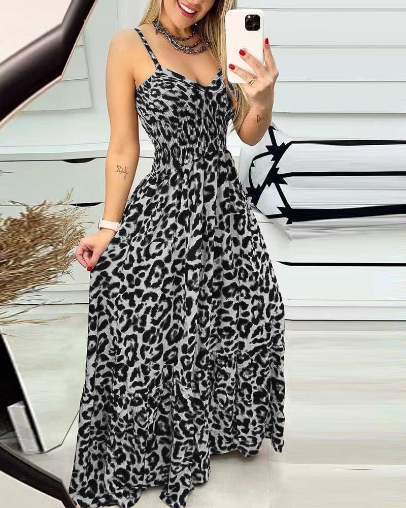 Women's Leopard Print Spaghetti Strap Tiered Maxi Dress V-Neck Smocked Waist Flowy Long Dress For Summer – Premium 4 | RICALOUX